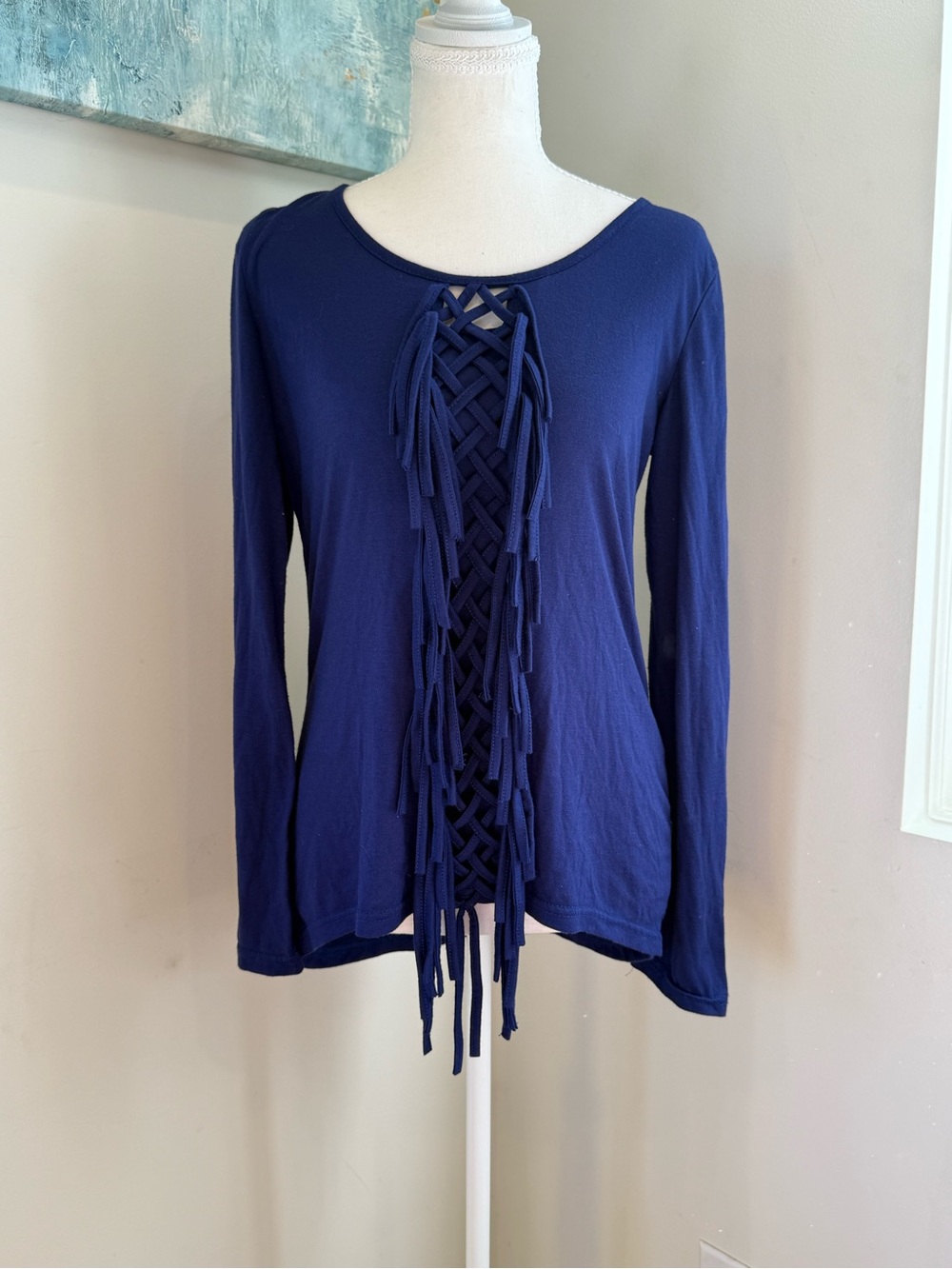 Monoreno Navy Long Sleeve Fringe Front Top Size M